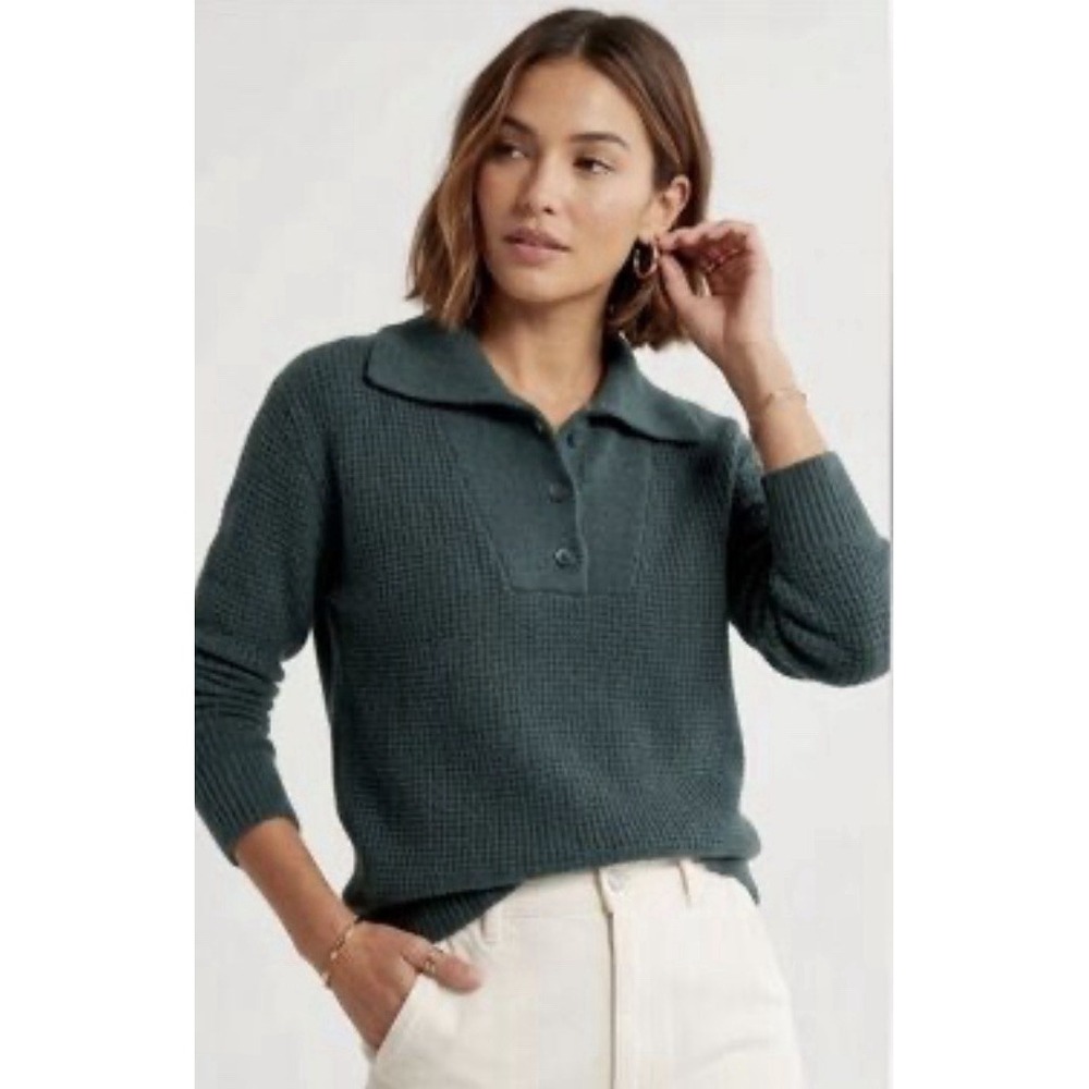 Aerie Hunter Green M Waffle Knit Collared Henley Sweater Oversized Cozy Casual